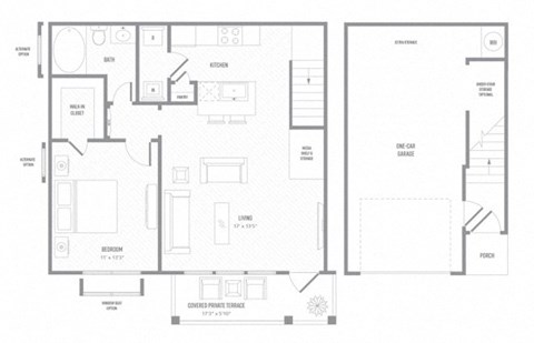 Floor plan for 1 bed, 1 bath, 806 sqft